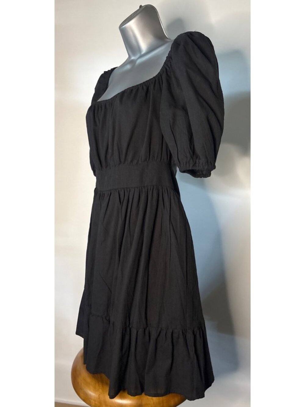 SHEIN Midi Black Backless Cut Out Puff Sleeve Tie Back Smocked Waist Ruffled Hem - Picture 2 of 16